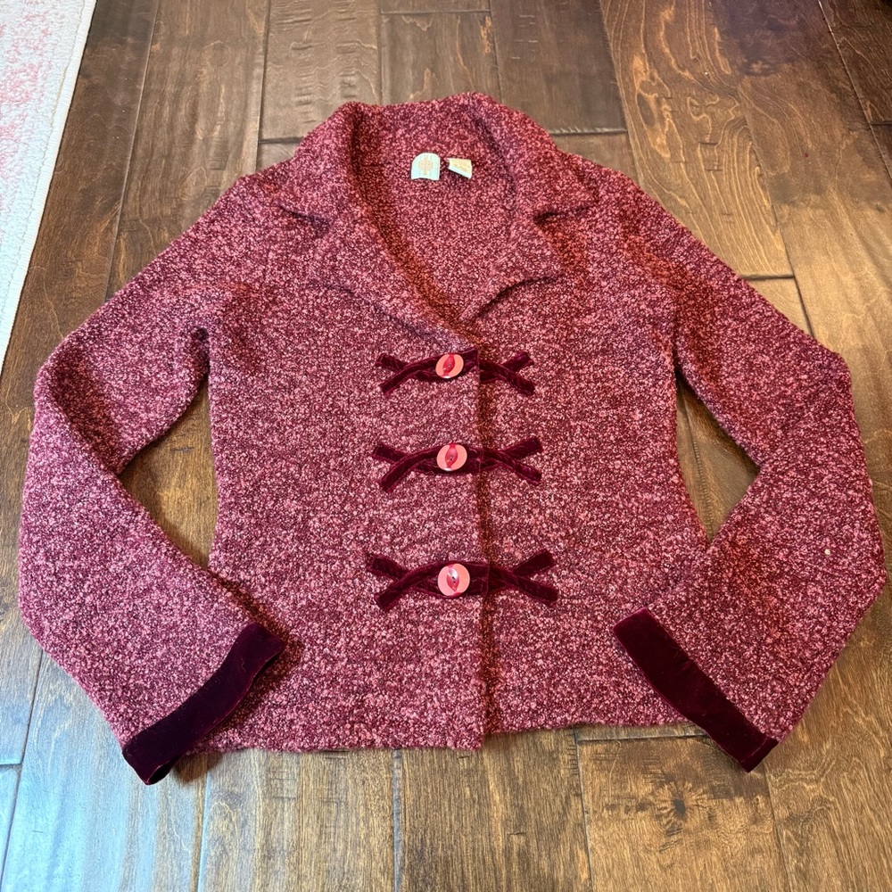 Anthropologie HWR Velour Monogrammed Marled Boucle Cardigan Sweater size Small